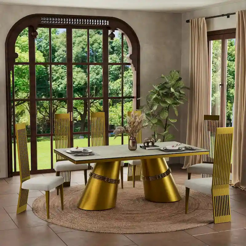 Brushed Gold Dining Table with 78 inch Glass Top and Tapered Barrel Base