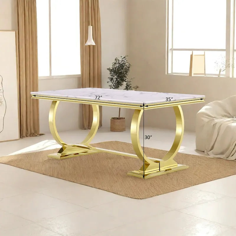 Brushed Gold Dining Table with 78 inch Glass Top and Tapered Barrel Base