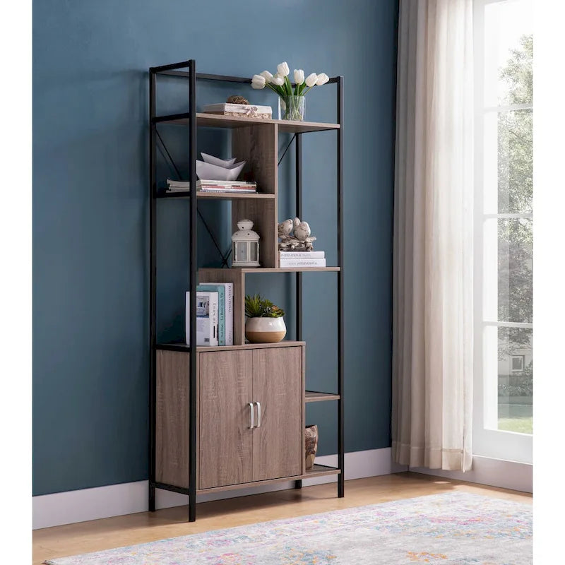 Six Shelf Modern Bookcase with Two Door Storage Cabinet with Two Shelves