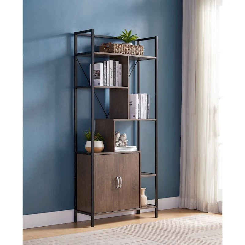 Six Shelf Modern Bookcase with Two Door Storage Cabinet with Two Shelves