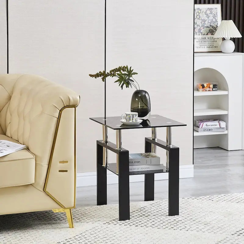 Tempered Black Glass Sofa Table, 2-Layers End Table With Storage