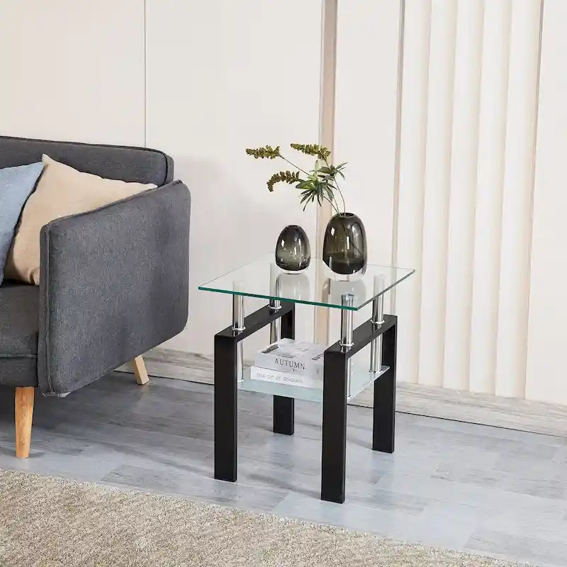 Tempered Black Glass Sofa Table, 2-Layers End Table With Storage