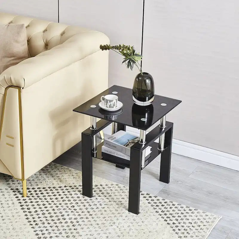 Tempered Black Glass Sofa Table, 2-Layers End Table With Storage
