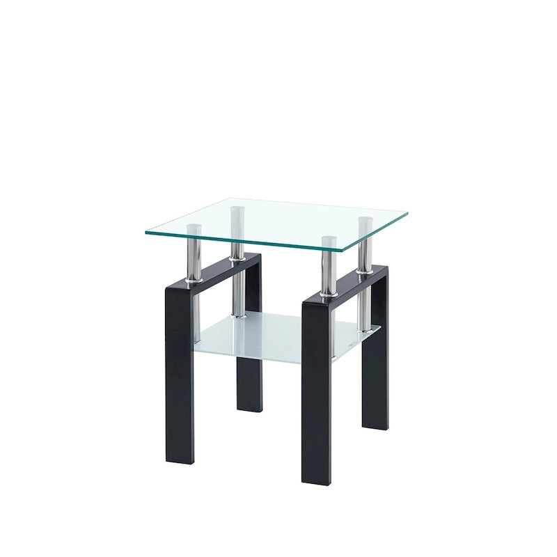 Tempered Black Glass Sofa Table, 2-Layers End Table With Storage