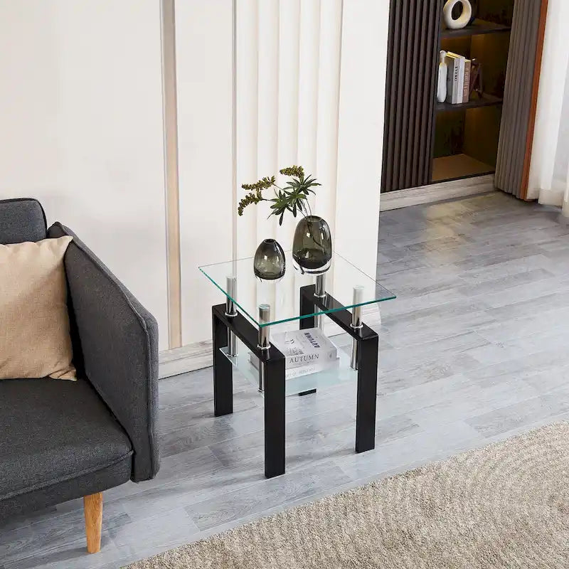 Tempered Black Glass Sofa Table, 2-Layers End Table With Storage