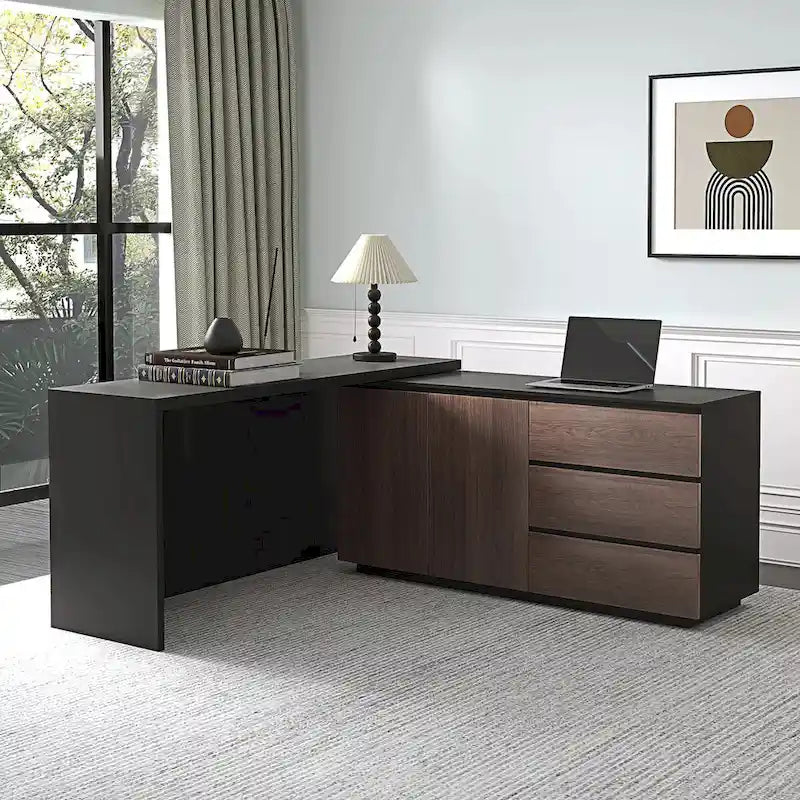 Home Office Expandable Desk with Storage Drawers and Cabinet