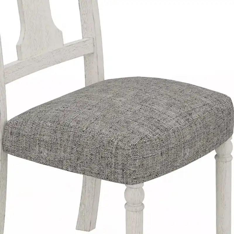Sane 19 Inch Dining Side Chair Set of 2, Fiddleback, White Wood, Gray Linen