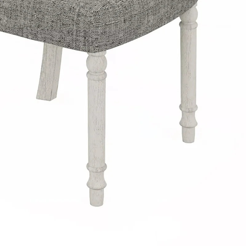 Sane 19 Inch Dining Side Chair Set of 2, Fiddleback, White Wood, Gray Linen