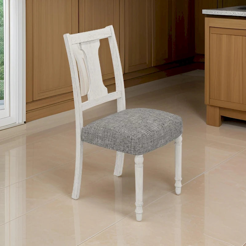 Sane 19 Inch Dining Side Chair Set of 2, Fiddleback, White Wood, Gray Linen