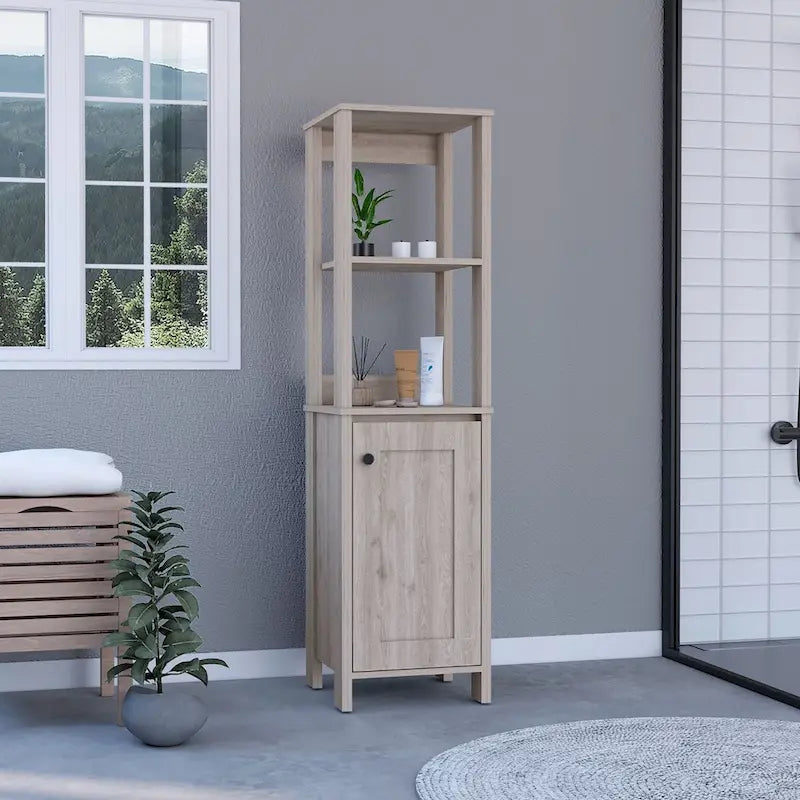 New Haven Linen Single Door Cabinet, Two Interior Shelves, Two Open Shelves, Light Oak / White