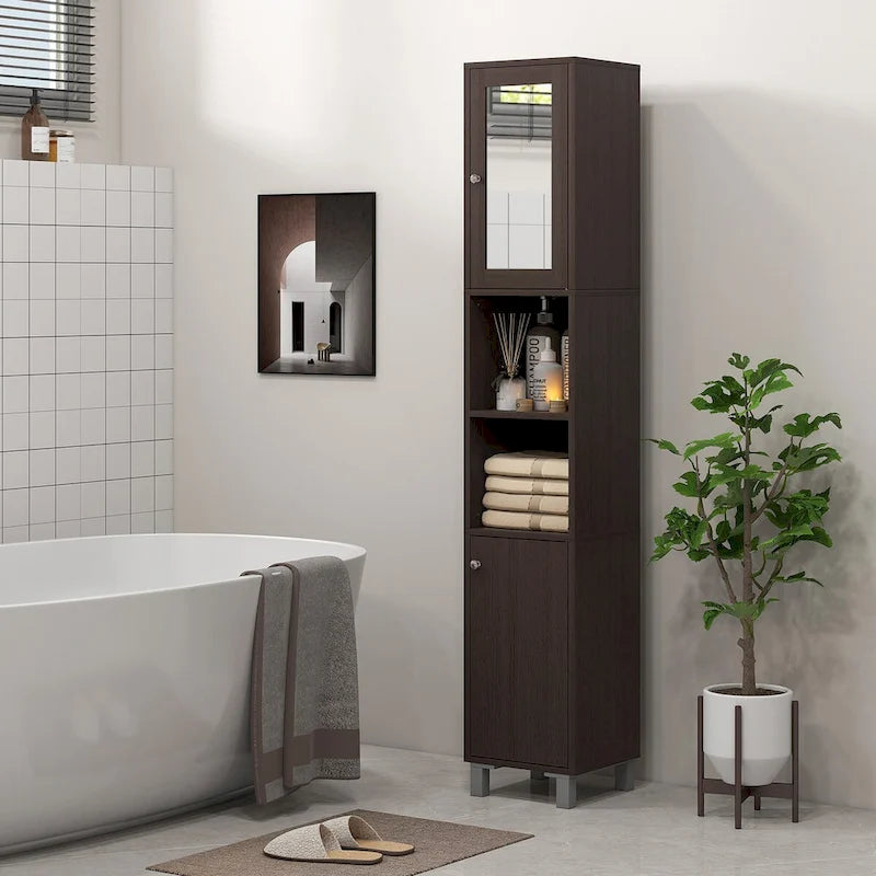 kleankin Tall Bathroom Storage Cabinet with Mirror, Wooden Freestanding Tower Cabinet with Adjustable Shelves for Bathroom
