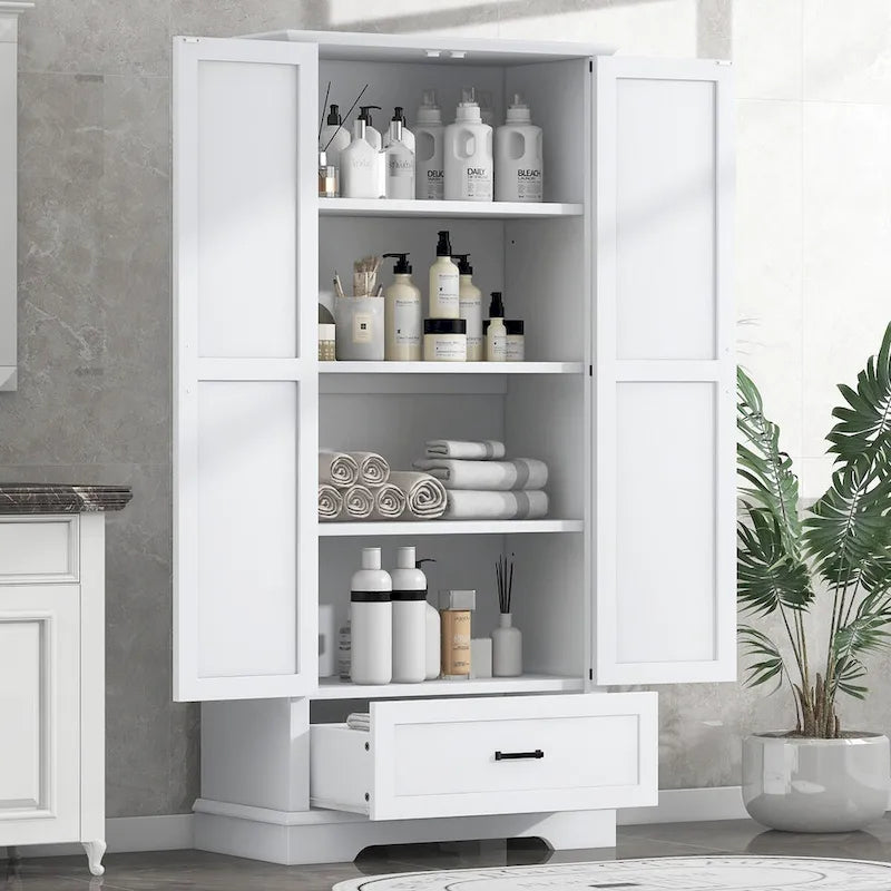 Tall Bathroom Storage Cabinet, Cabinet with Two Doors and One Drawer, Adjustable Shelf, MDF Board, White