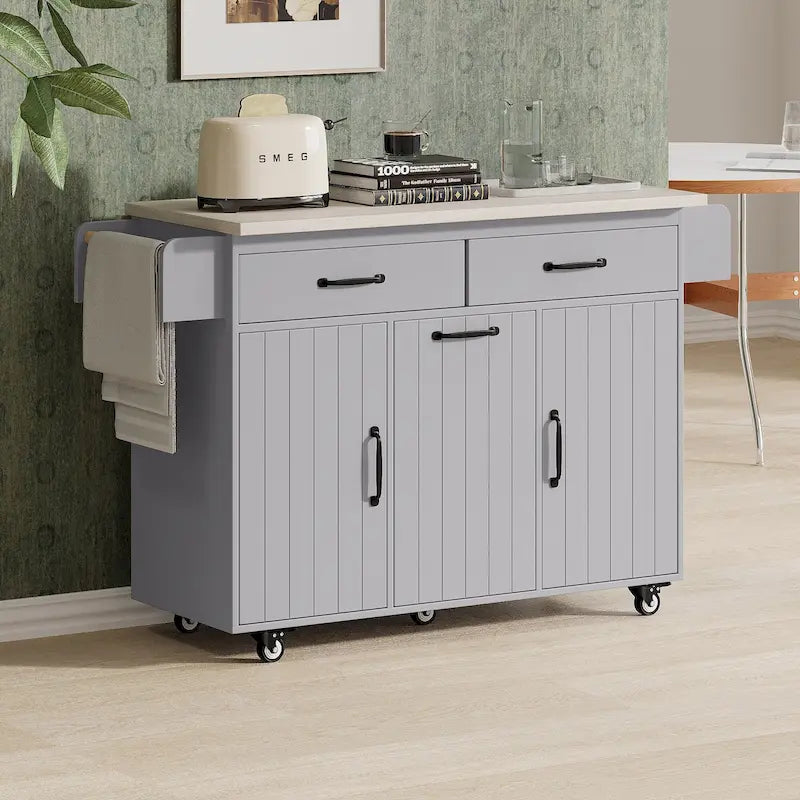 51 in. W Rolling Kitchen Island Cart with Drop Leaf and Tilt-out Trash Can