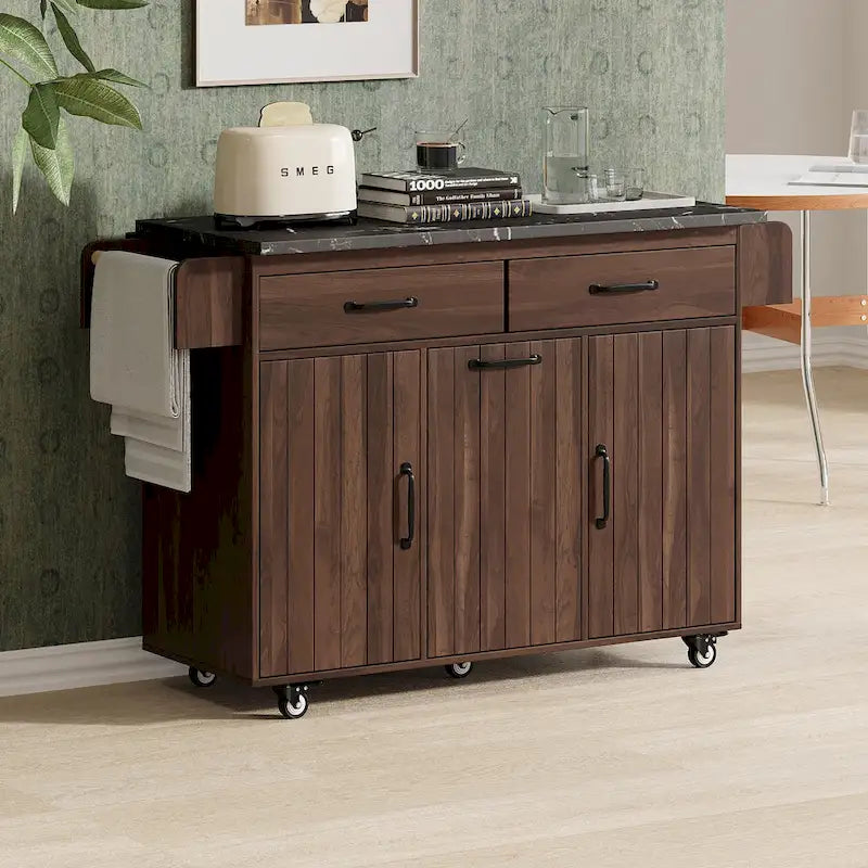 51 in. W Rolling Kitchen Island Cart with Drop Leaf and Tilt-out Trash Can