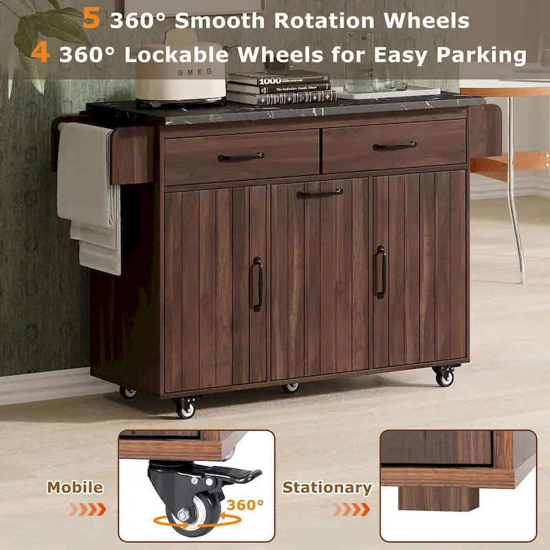 51 in. W Rolling Kitchen Island Cart with Drop Leaf and Tilt-out Trash Can