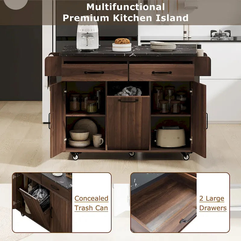 51 in. W Rolling Kitchen Island Cart with Drop Leaf and Tilt-out Trash Can