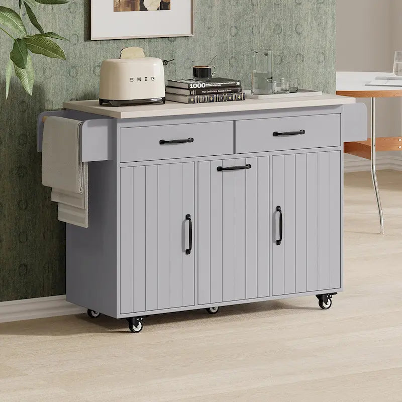 51 in. W Rolling Kitchen Island Cart with Drop Leaf and Tilt-out Trash Can