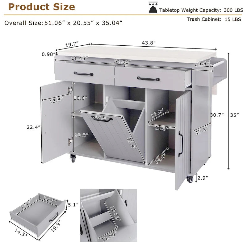 51 in. W Rolling Kitchen Island Cart with Drop Leaf and Tilt-out Trash Can