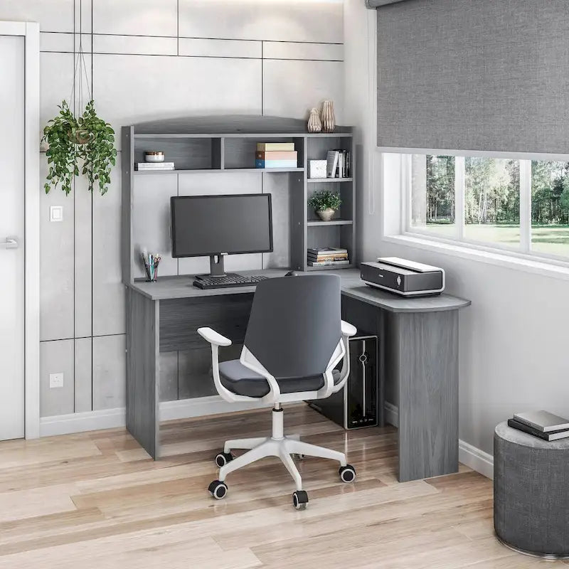 Techni Mobili Modern L-Shaped Desk with Hutch Grey