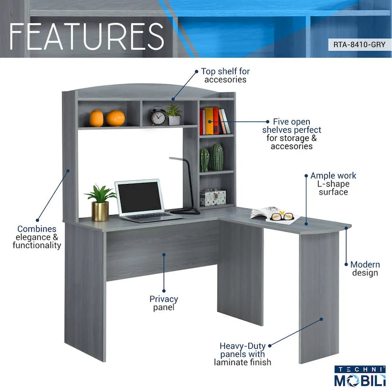 Techni Mobili Modern L-Shaped Desk with Hutch Grey