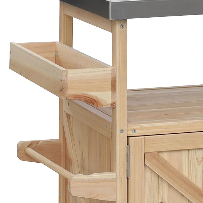 Vintage Stylish Wooden Kitchen Island with Stainless Steel Top, Indoor/Outdoor Use