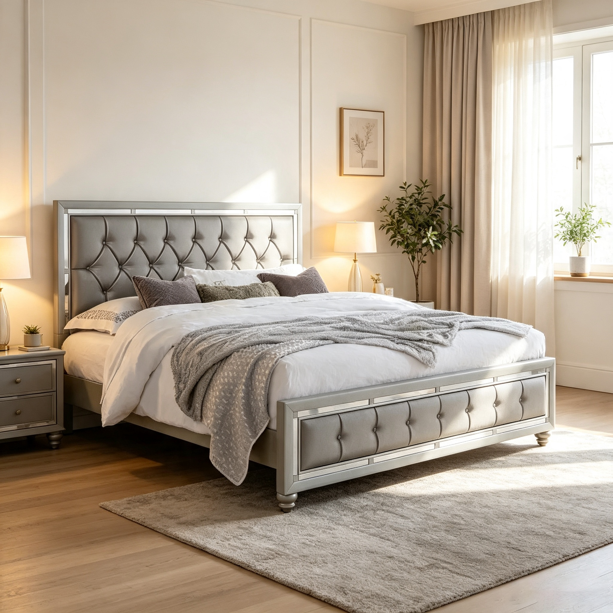 Lit deux places argent avec lits avec têtes de lit